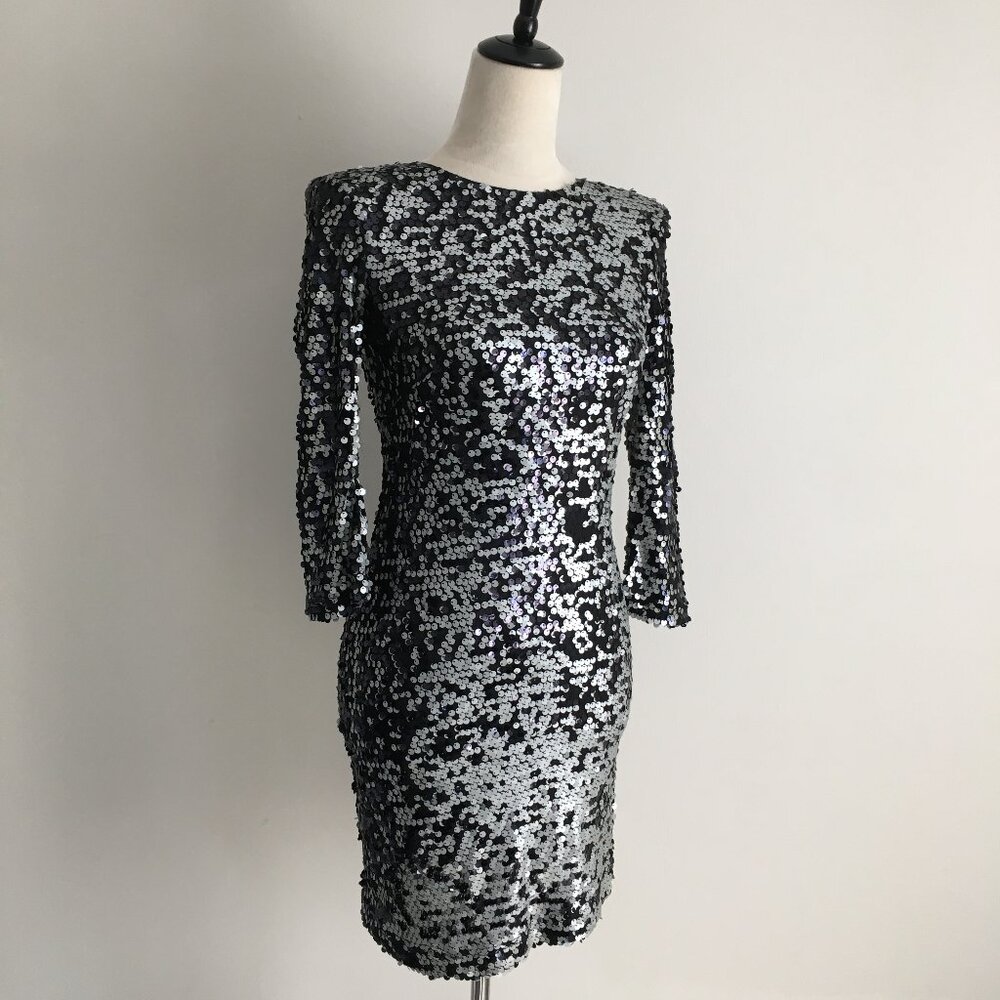 FRENCH CONNECTION Black White Sequined Structured Shoulder Long Sleeve Dress